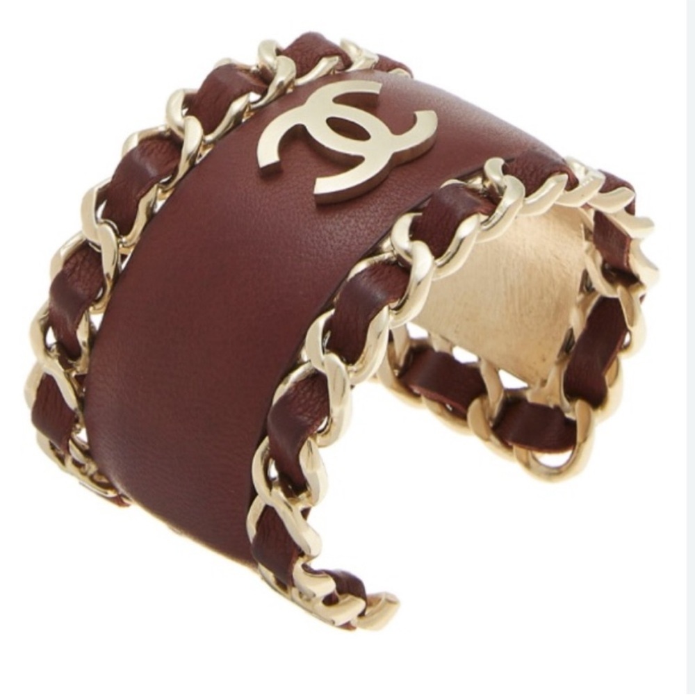 Chanel Burgundy Lambskin CC Chain Cuff 24K Gold Plated + Chanel Box RARE
